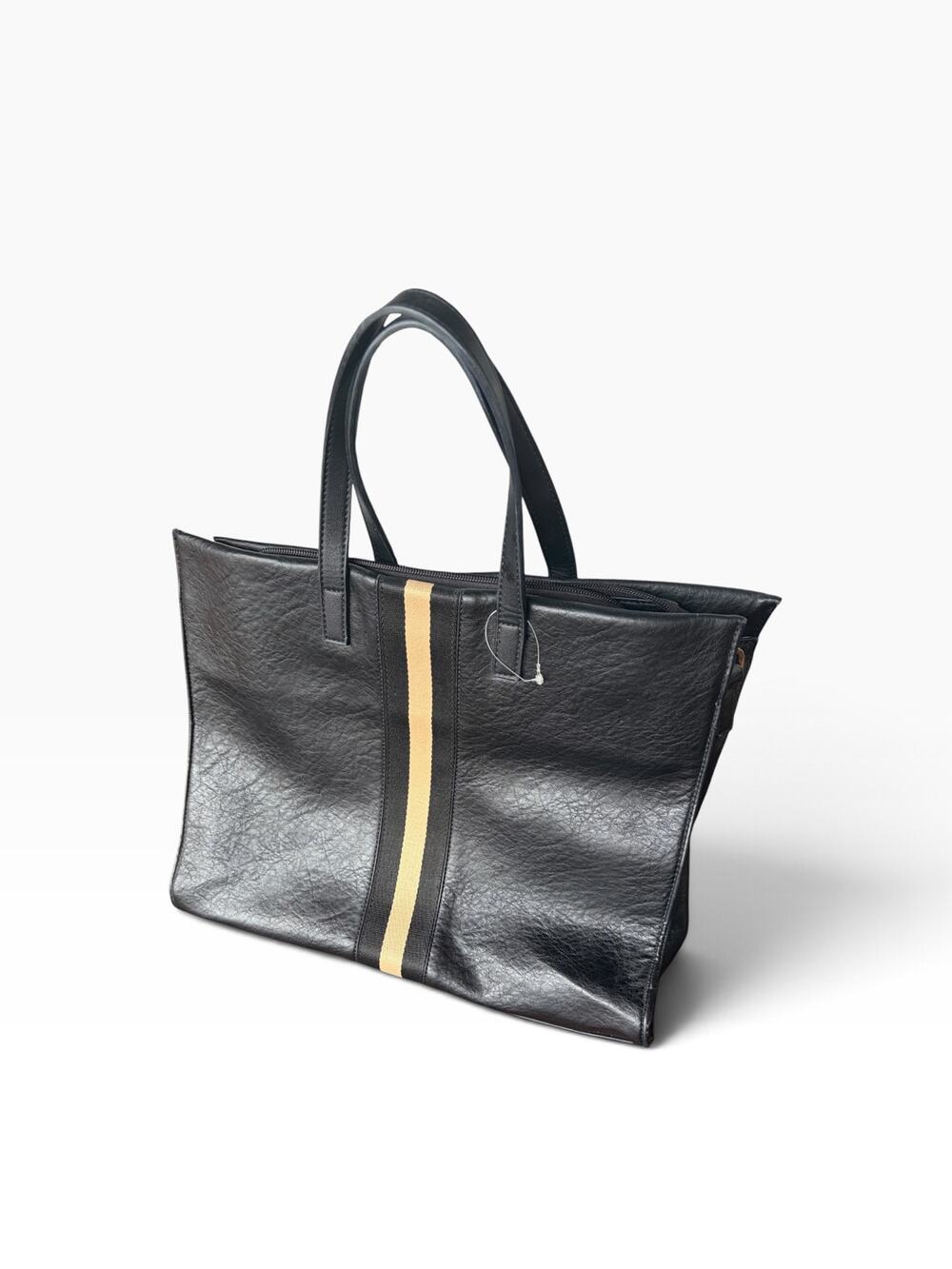 Moda Luxe Julian Vegan Leather Tote Bag Black with Cream Beige Center Stripe